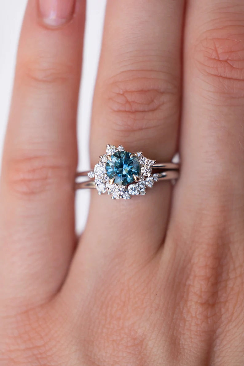 Solid Gold Teal Blue Sapphire and Diamond Cluster Engagement Ring Set