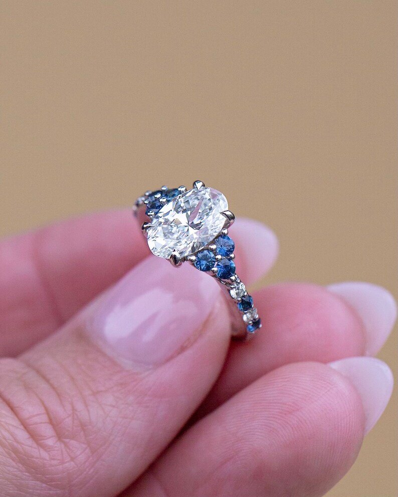 18K Solid Gold Natural Diamond and Sapphire Engagement Ring - Style B