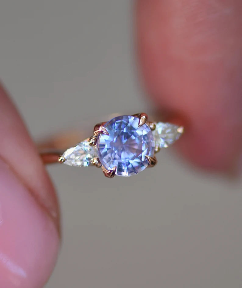 Solid Gold Engagement Ring Pastel Purple Sapphire and Pear Shape Diamonds