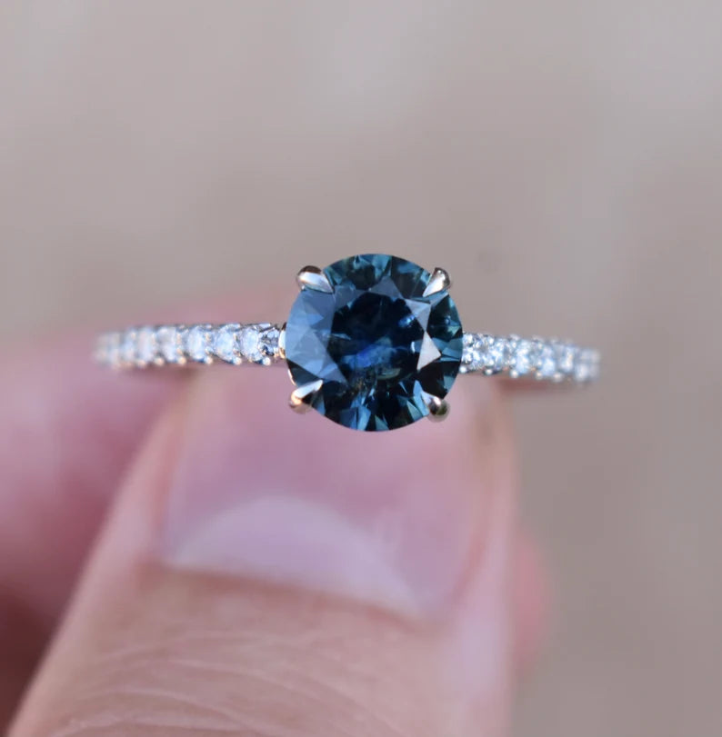 Solid Gold White Gold Round Teal Blue Montana Sapphire Pave Ring