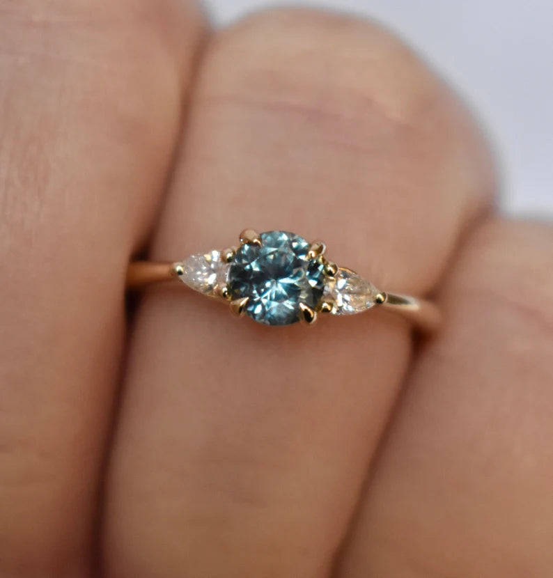 Solid Gold Teal Green Montana Sapphire Three Stone Ring