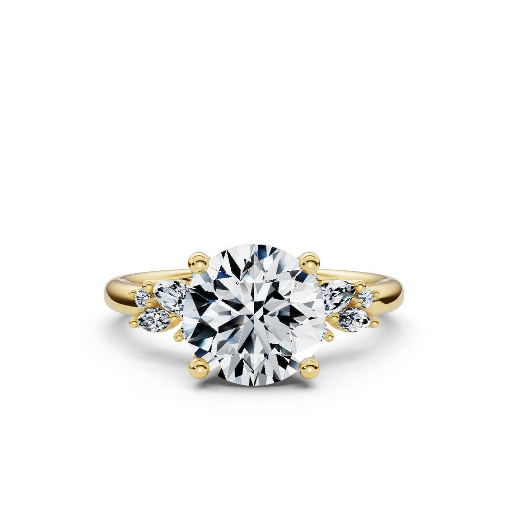 18K Solid Gold 2 CT Round Diamond Ring with Marquise Accent Stones