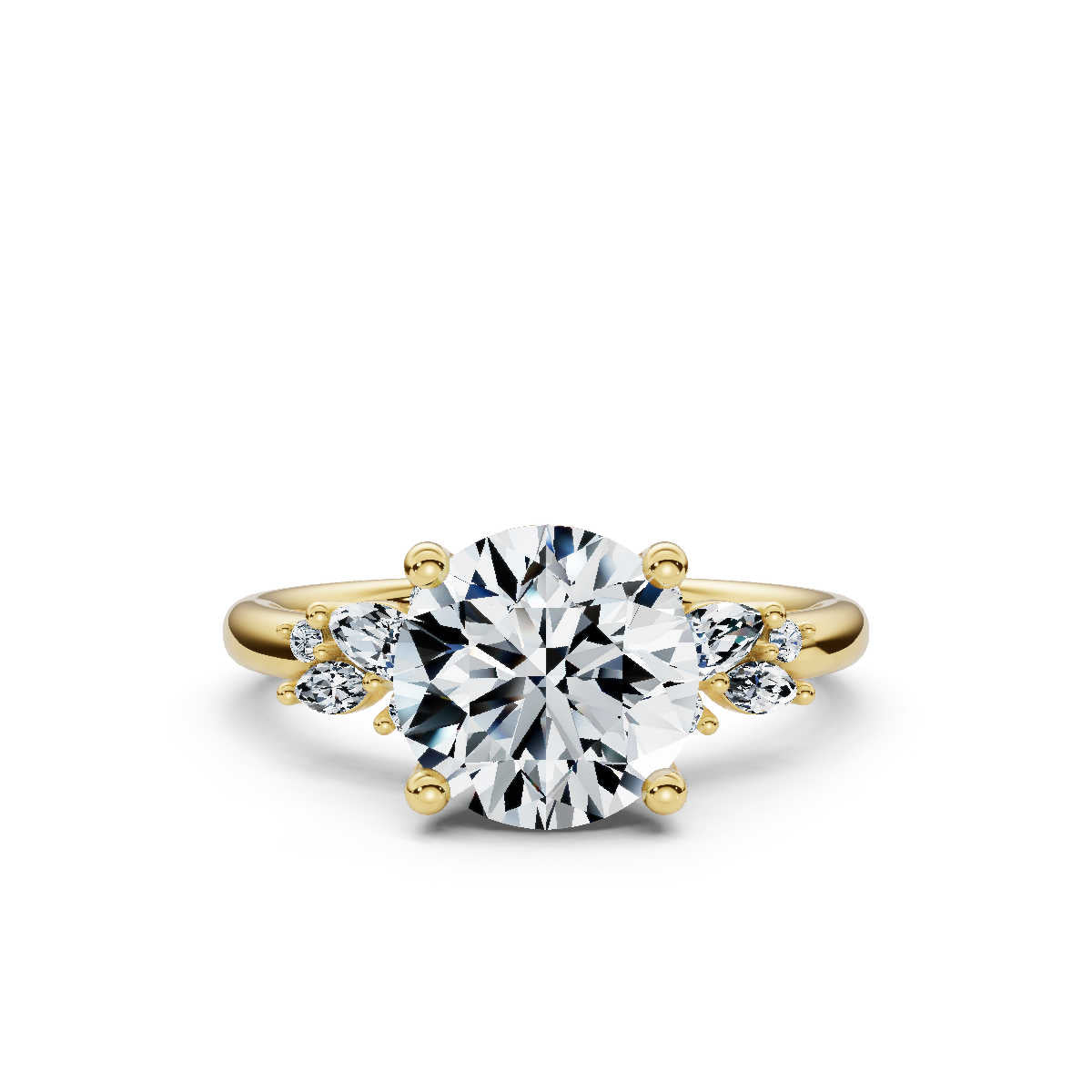 18K Solid Gold 2 CT Round Diamond Ring with Marquise Accent Stones