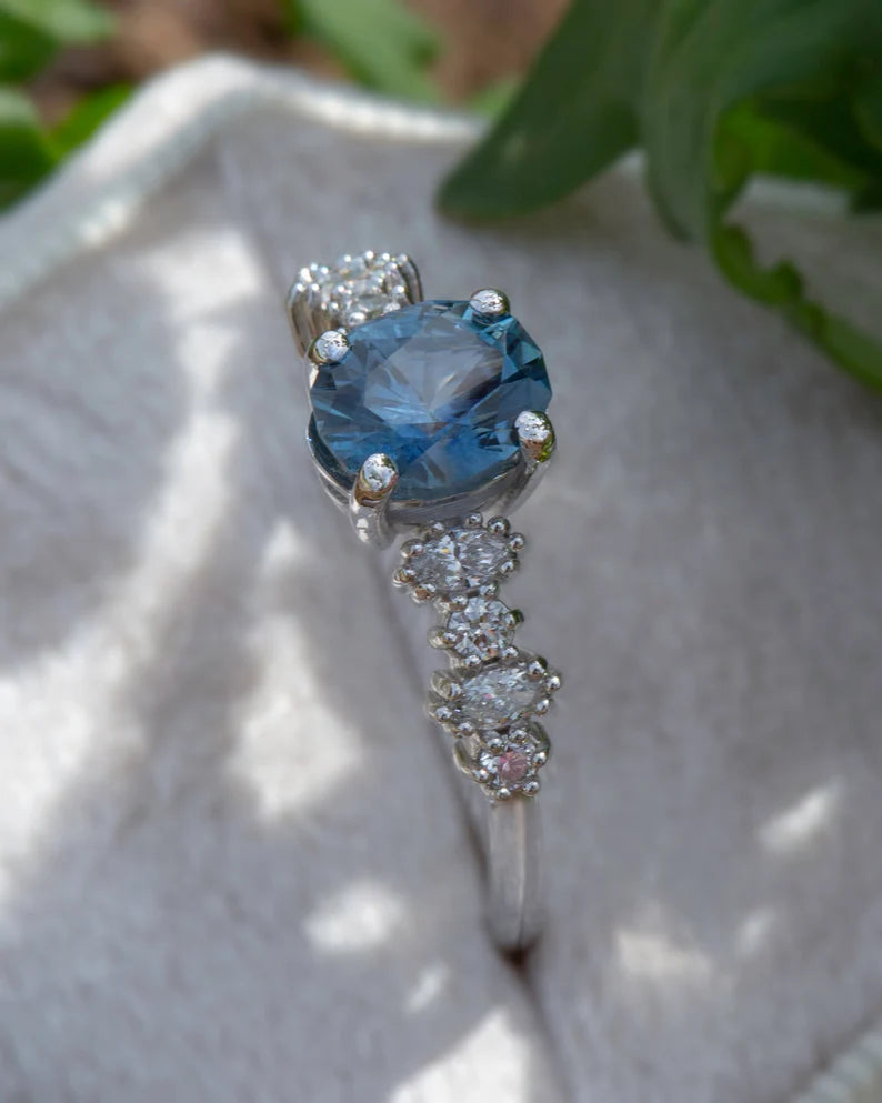 Solid Gold Montana Sapphire and Diamond Engagement Ring