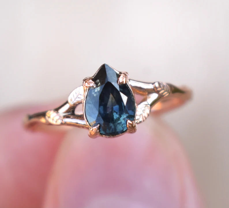 Solid Gold Rose Gold Pear Blue Sapphire Leaf Engagement Ring