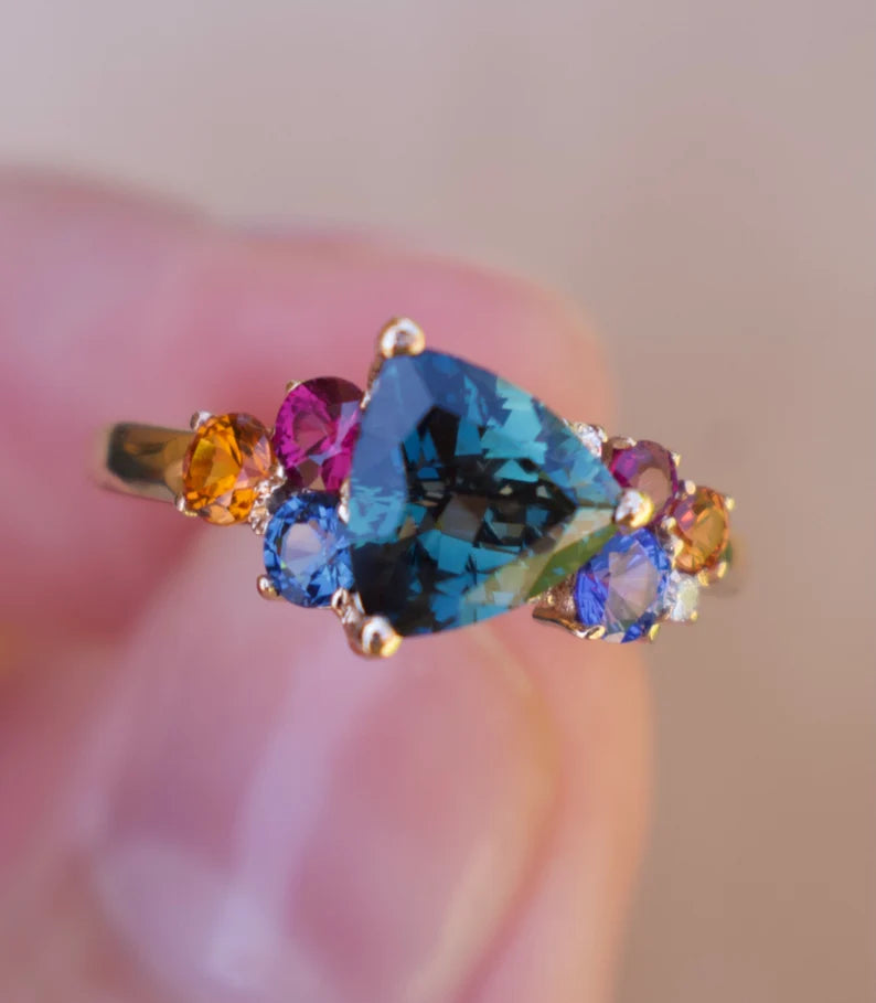 Solid Gold Teal Sapphire Cluster Engagement Ring