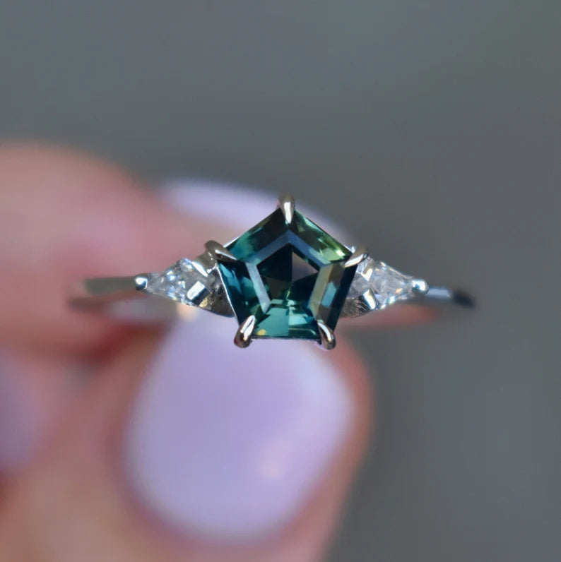 Solid Gold Pentagon Parti Sapphire Ring With Moissanites Ring
