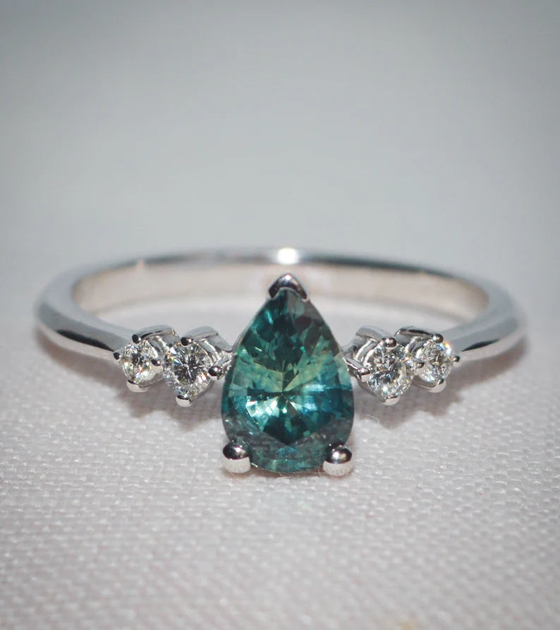 14K Solid Gold 0.98 CT Teal Blue Montana Sapphire Ring