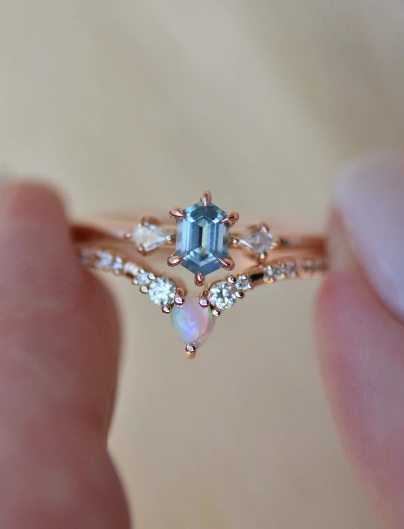 Solid Gold Hexagon Light Blue Sapphire and Diamond Engagement Ring