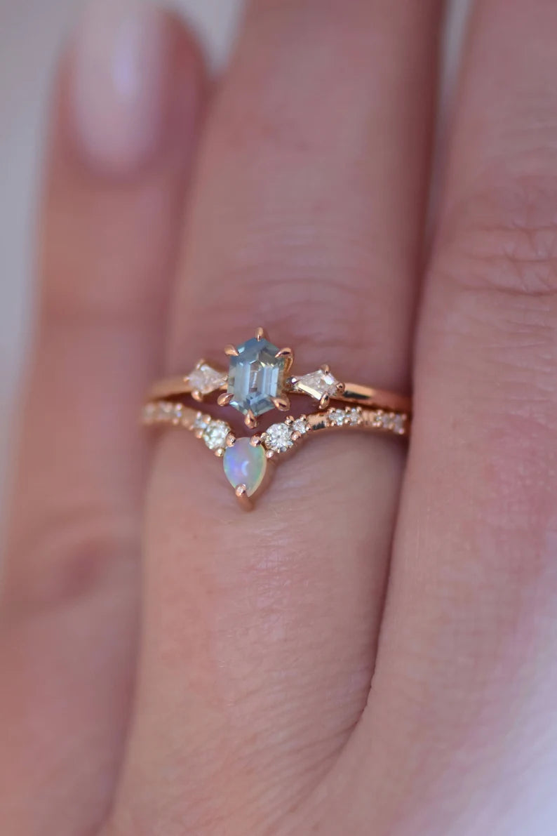 Solid Gold Hexagon Light Blue Sapphire and Diamond Engagement Ring
