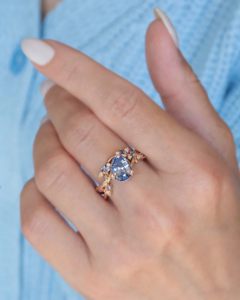 Solid Gold Pastel Blue Sapphire Leaf Engagement Ring
