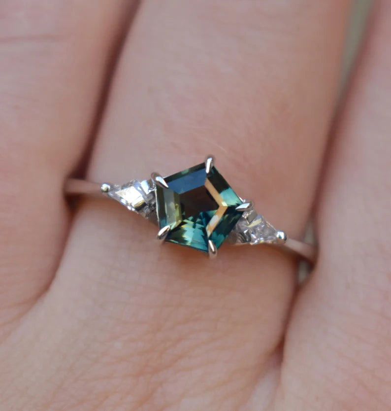 Solid Gold Pentagon Parti Sapphire Ring With Moissanites Ring