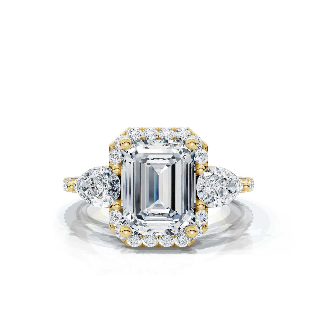 Solid Gold Engagement Ring 2 CT Emerald Cut Three Stone Pear Lab Grown Diamond