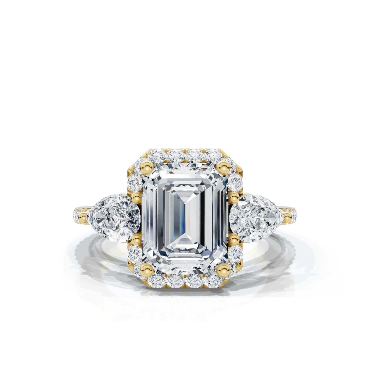 Solid Gold Engagement Ring 2 CT Emerald Cut Three Stone Pear Lab Grown Diamond