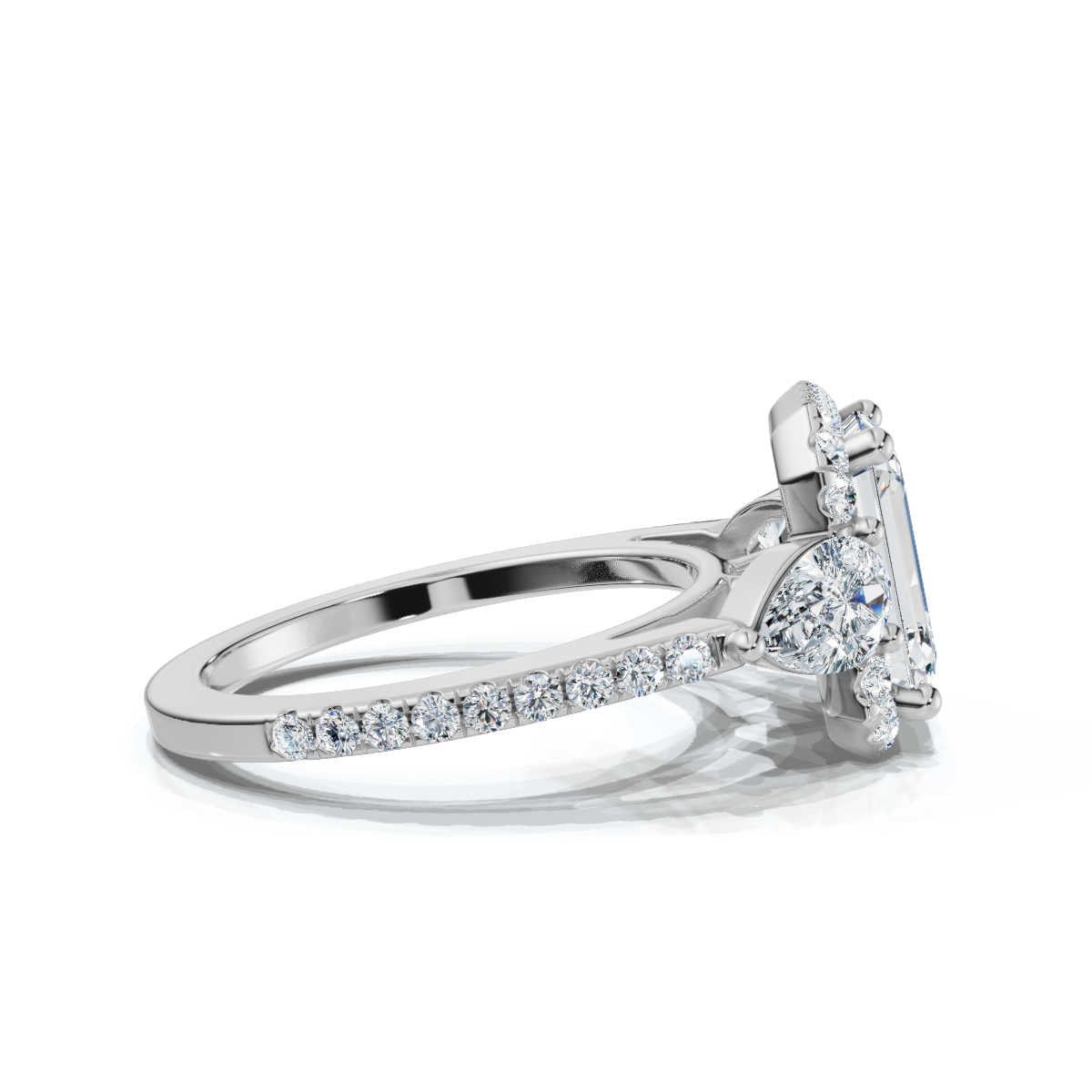 Solid Gold Engagement Ring 2 CT Emerald Cut Three Stone Pear Lab Grown Diamond
