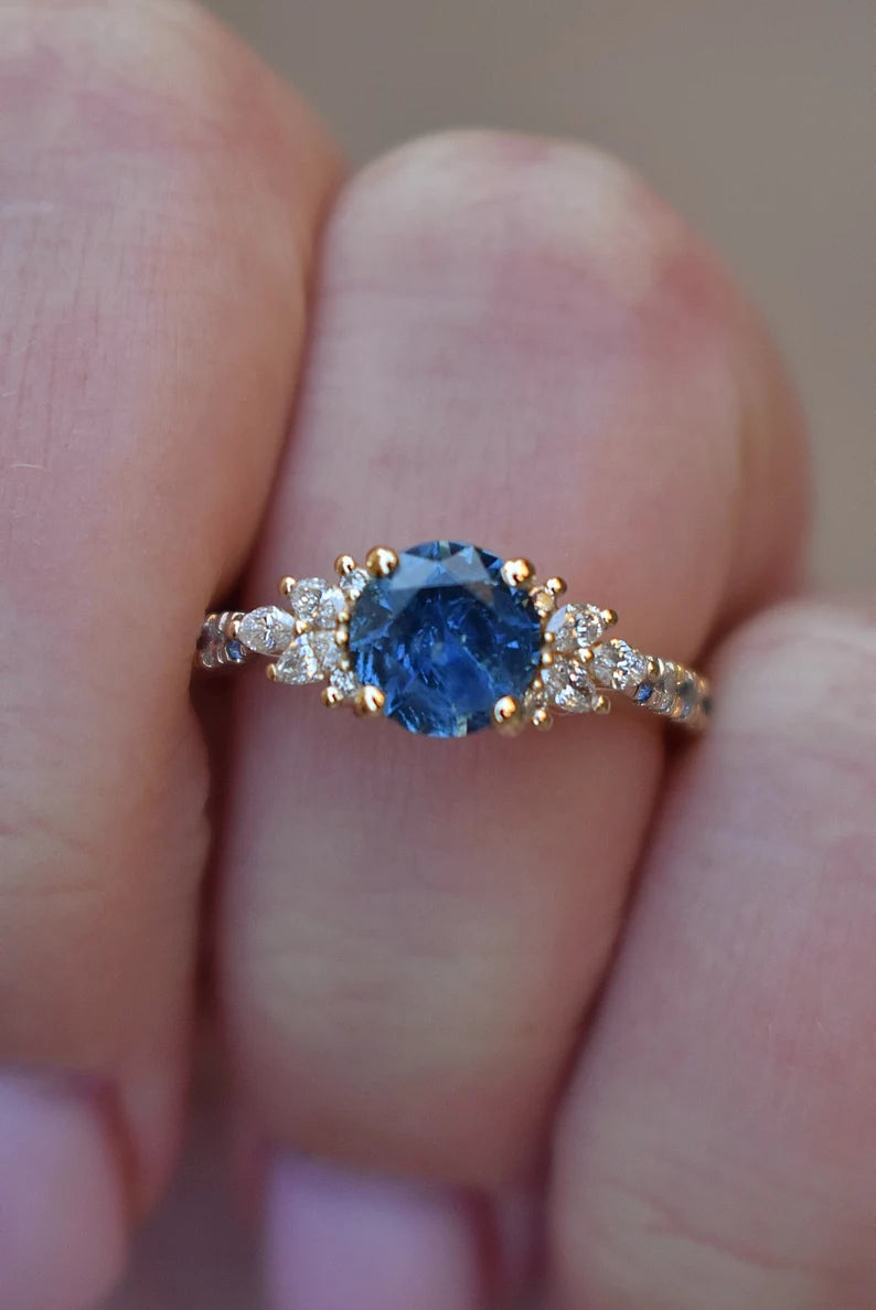 Solid Gold Teal Blue Montana Sapphire Cluster Ring