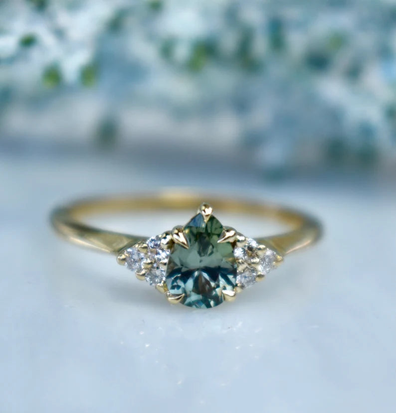 Solid Gold Pear Mint Green Montana Sapphire Ring