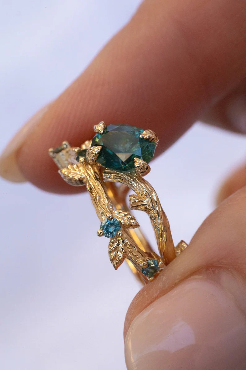 Solid Gold Leaf Twig Blue Green Montana Sapphire Ring Set