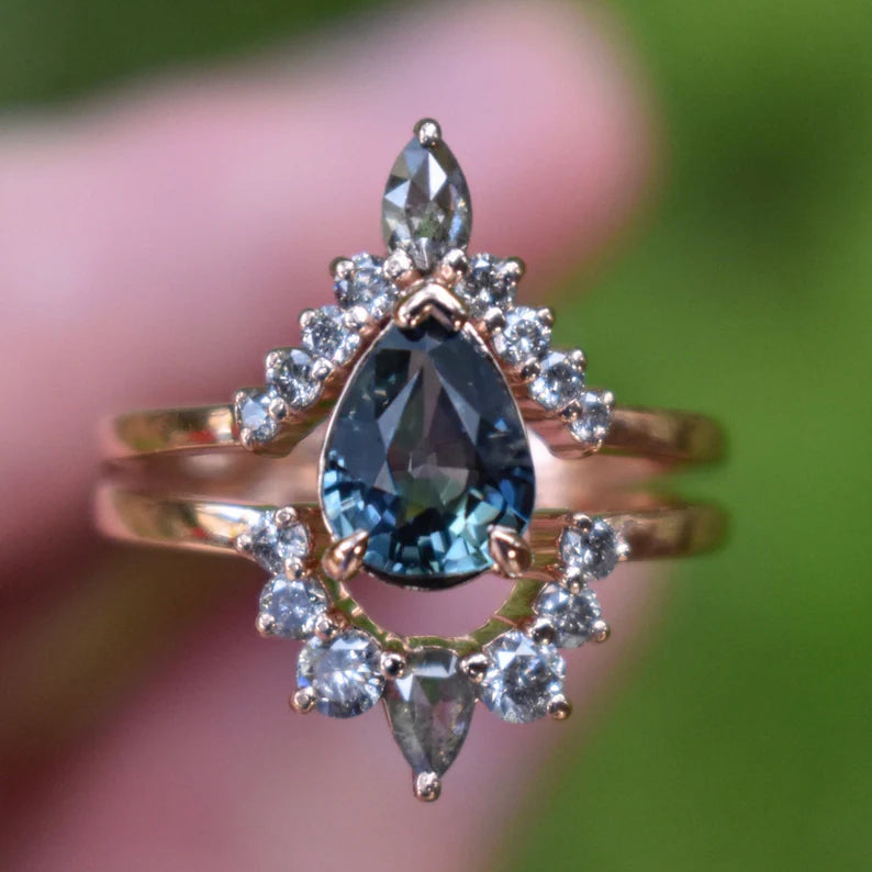 Solid Gold Teal Sapphire Ring Set Salt and Pepper Diamonds