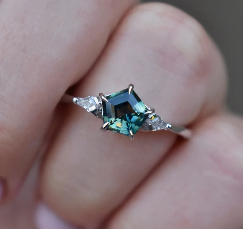 Solid Gold Pentagon Parti Sapphire Ring With Moissanites Ring