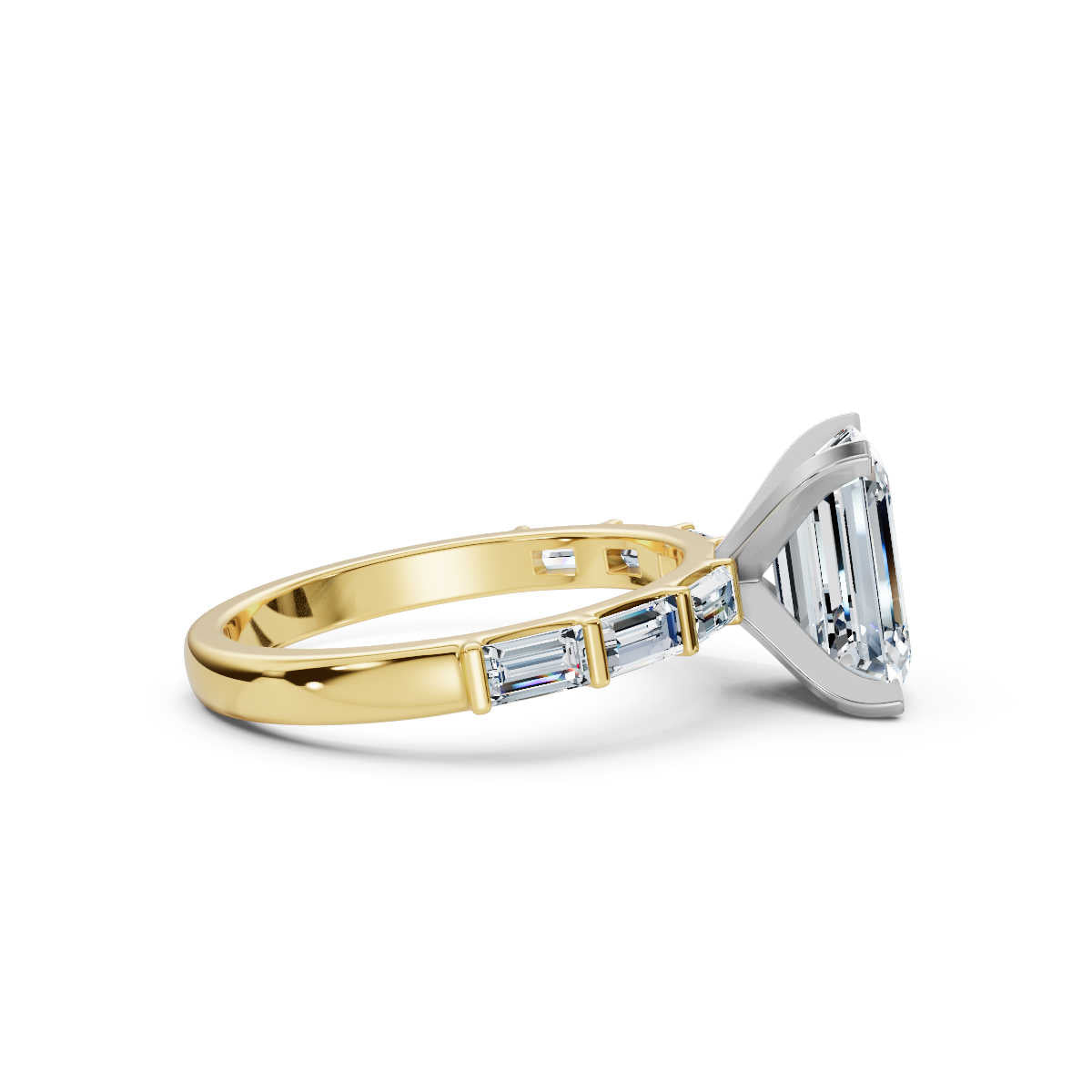 Solid Gold Emerald Cut Lab Grown Diamond Engagement Ring with Baguette