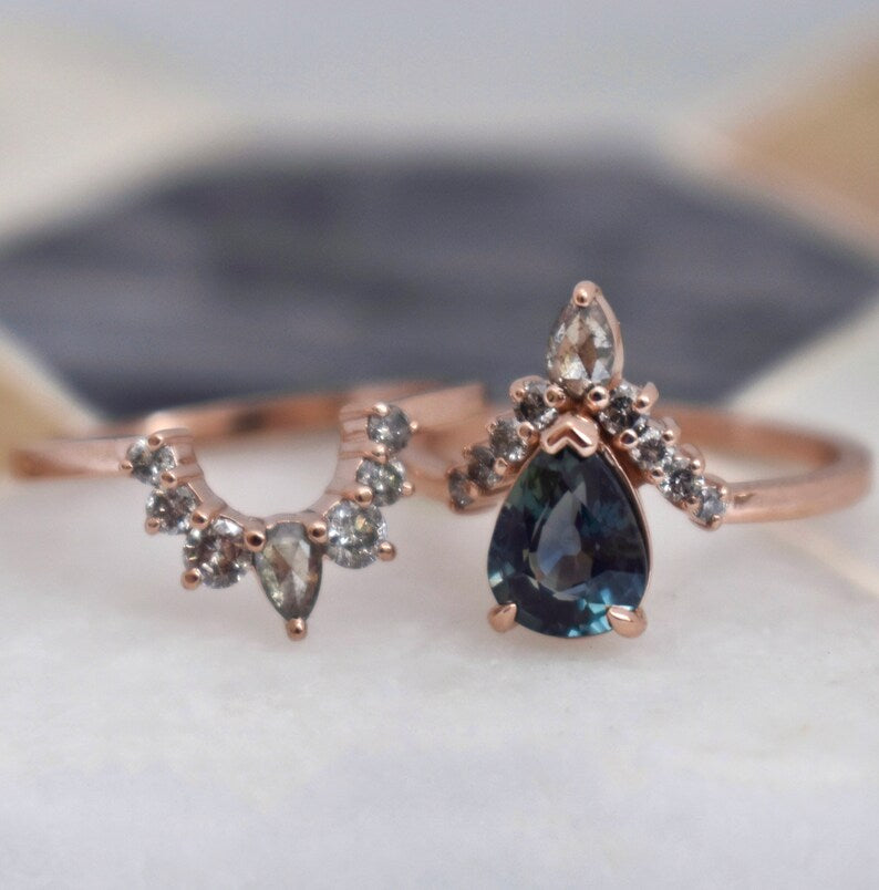 Solid Gold Teal Sapphire Ring Set Salt and Pepper Diamonds