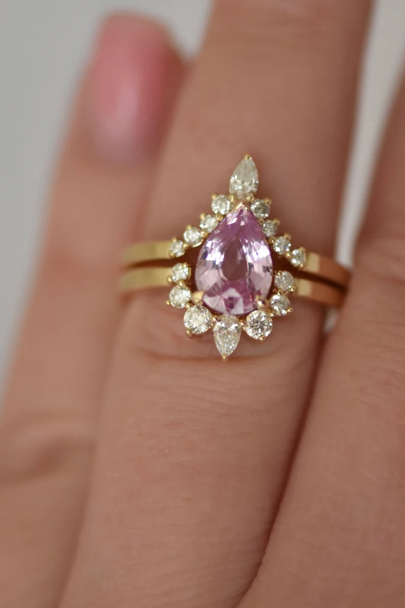 Solid Gold Pink Sapphire and Diamond Engagement Ring Set