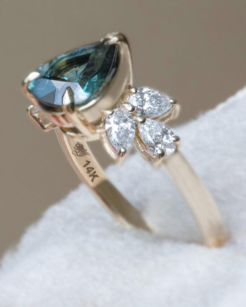 Solid Gold Celeste Teal Sapphire and Diamond Engagement Ring