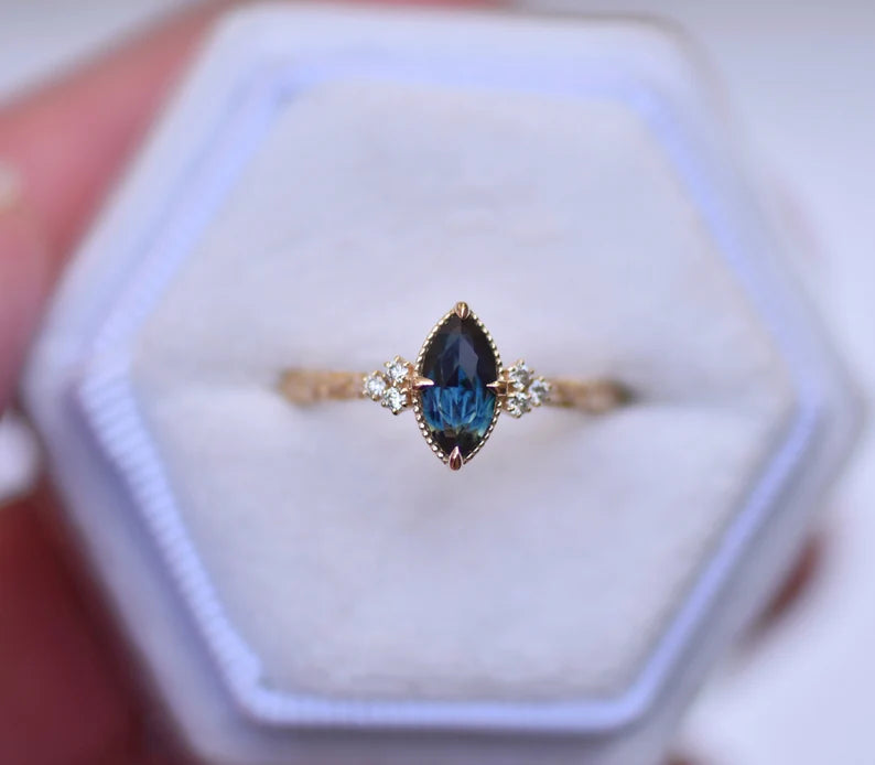 Solid Gold Teal Sapphire Marquise Engagement Ring