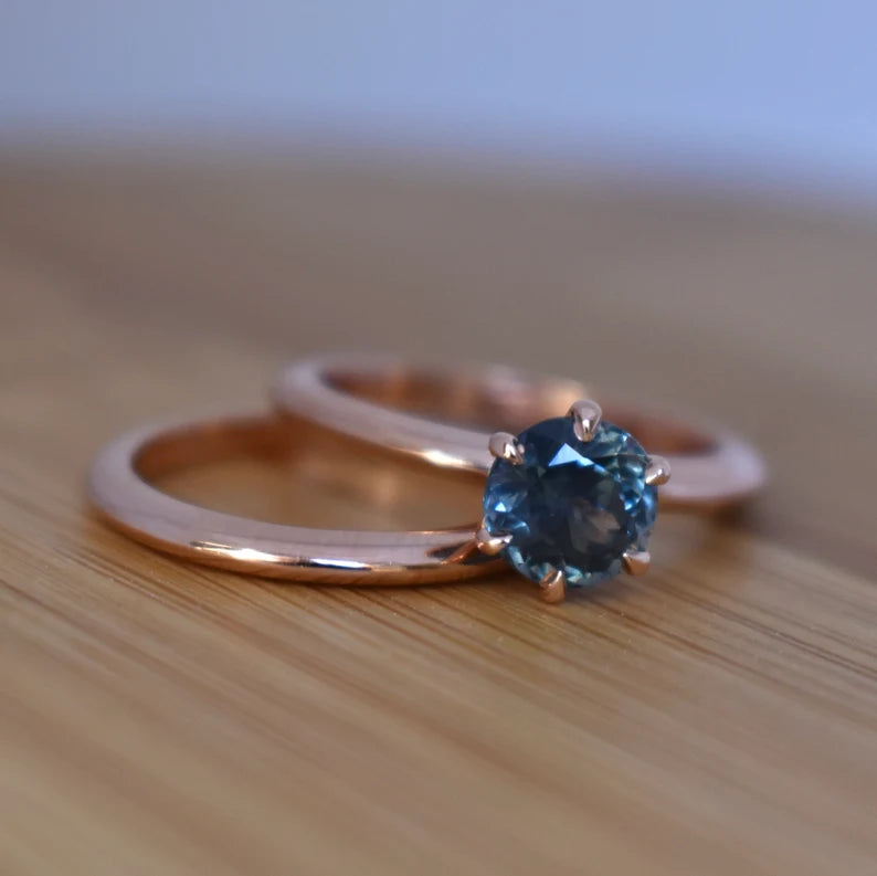 Solid Gold Rose Gold Montana Sapphire Solitaire Ring Set