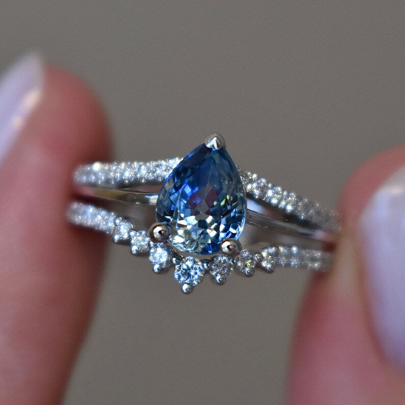 Solid Gold Sapphire and Diamond Engagement Ring Set