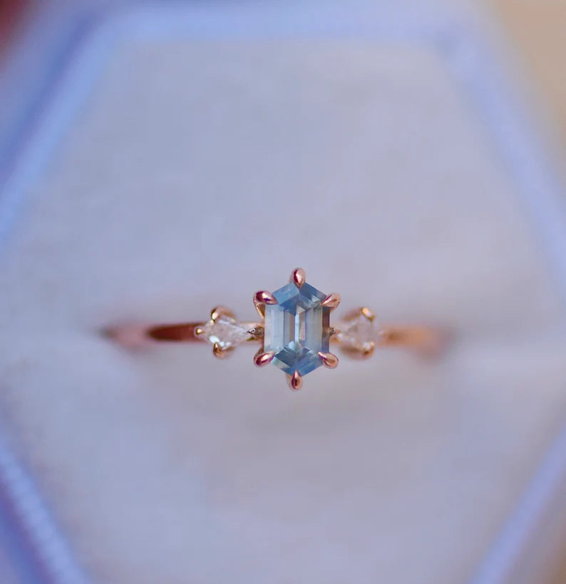 Solid Gold Hexagon Light Blue Sapphire and Diamond Engagement Ring