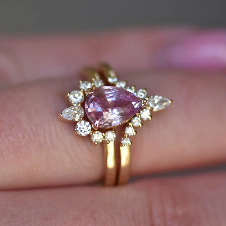 Solid Gold Pink Sapphire and Diamond Engagement Ring Set