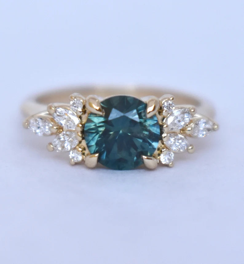 Solid Gold Teal Green Montana Sapphire Engagement Ring Marquise Diamonds