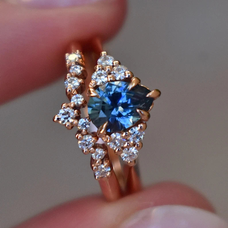 Solid Gold Teal Blue Pear Sapphire and Diamond Engagement Ring Set