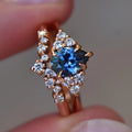 Solid Gold Teal Blue Pear Sapphire and Diamond Engagement Ring Set