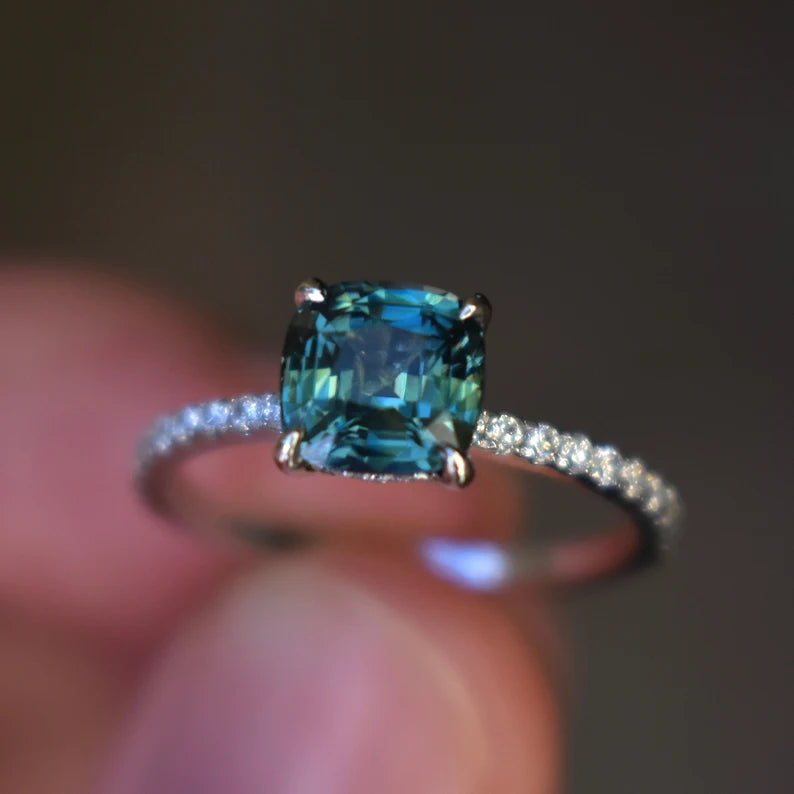 18K Solid Gold 2 CT Teal Sapphire Hidden Halo Diamond Engagement Ring