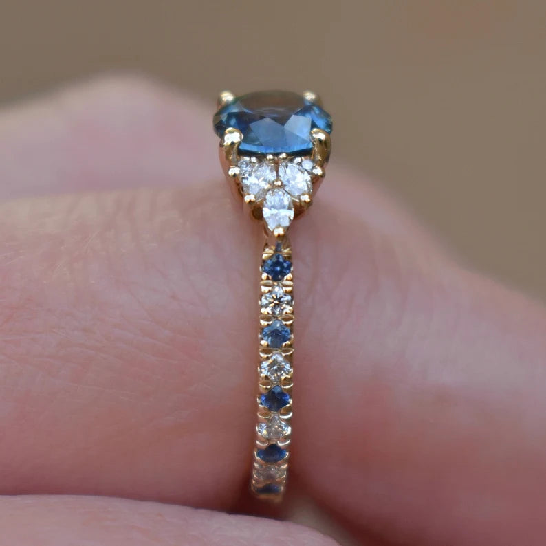 Solid Gold Teal Blue Montana Sapphire Cluster Ring