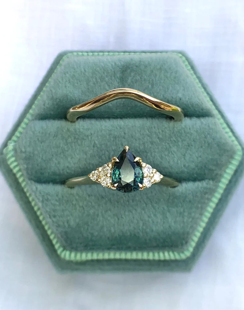 Solid Gold Teal Montana Sapphire Ring Set