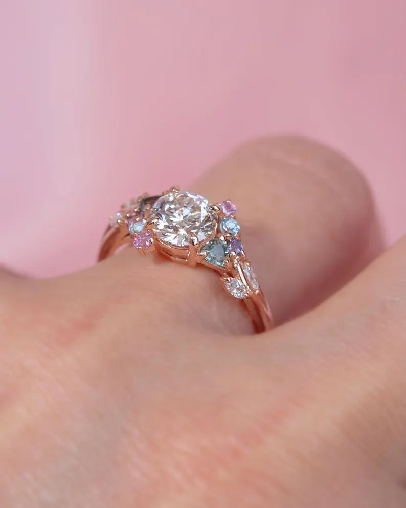 Solid Gold Nature Inspired Engagement Ring Diamond and Sapphire