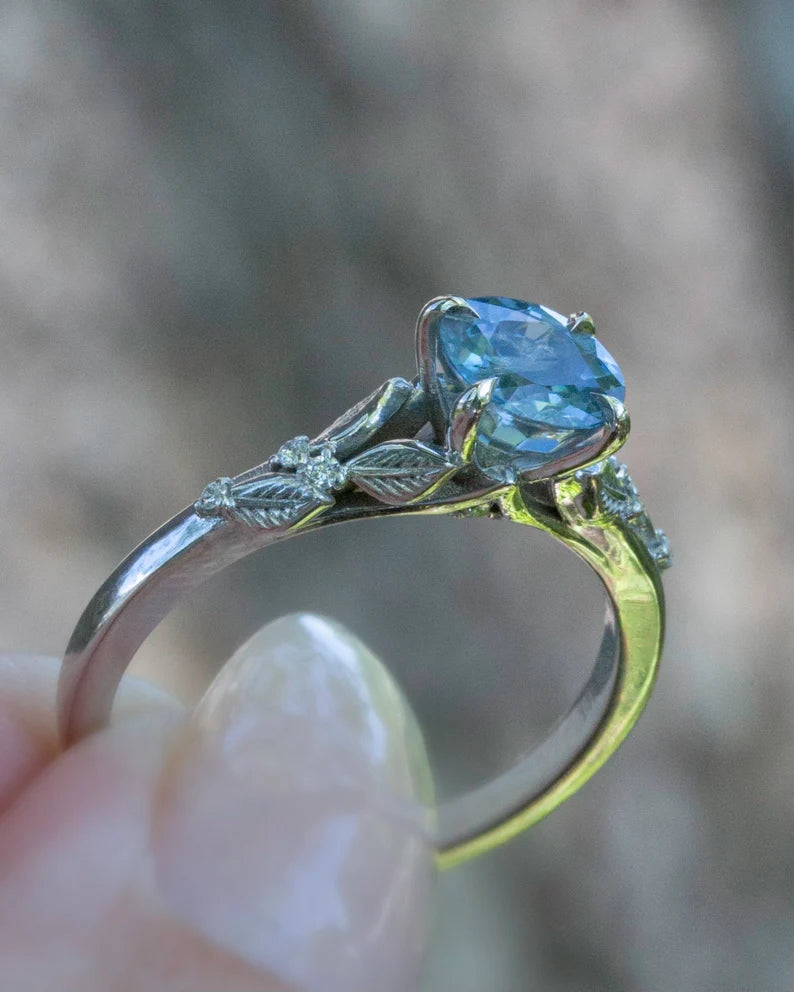 Solid Gold Pastel Blue Sapphire Ring Leaf Engagement Ring
