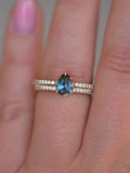 Solid Gold Hidden Halo Pear Teal Sapphire Ring Set
