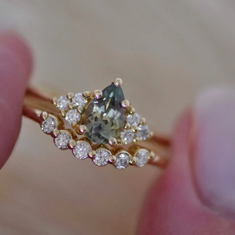 Solid Gold Light Green Montana Sapphire & Diamond Engagement Ring