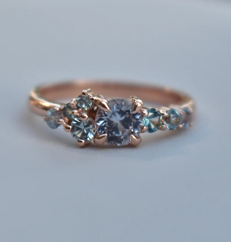 Solid Gold Light Blue Montana Sapphire Cluster Engagement Ring
