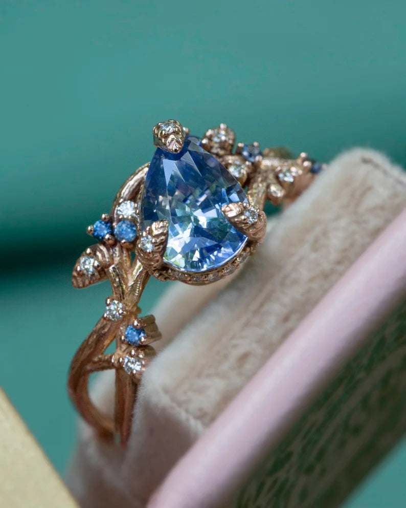 Solid Gold Pastel Blue Sapphire Leaf Engagement Ring