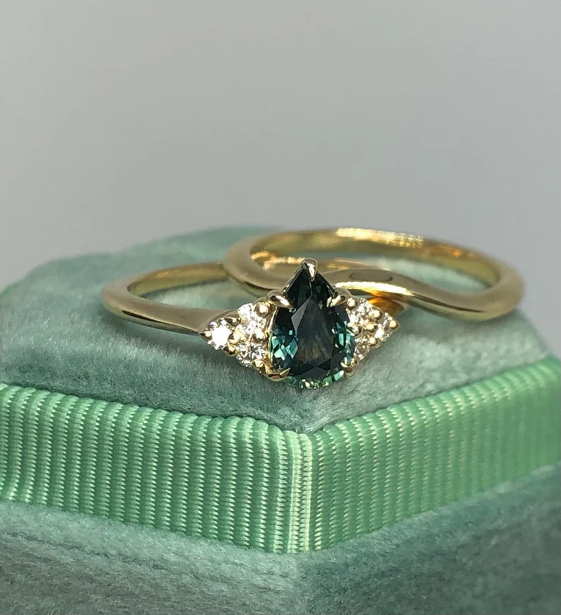 Solid Gold Teal Montana Sapphire Ring Set