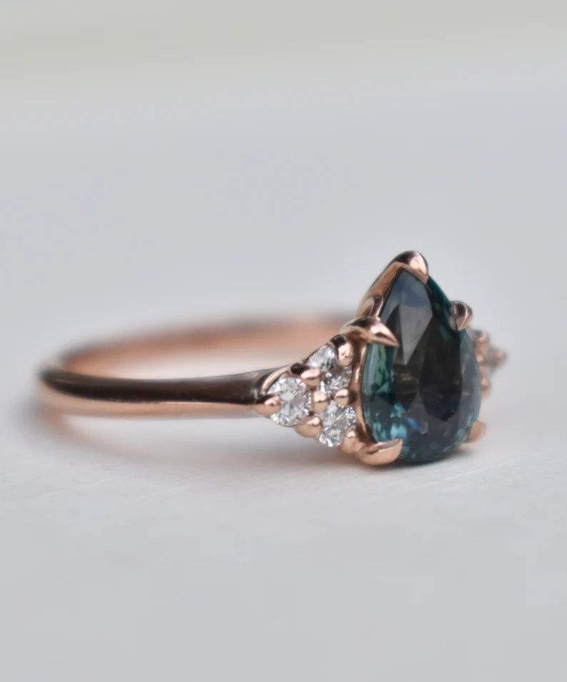 Solid Gold Teal Sapphire Engagement Ring Pear Shape