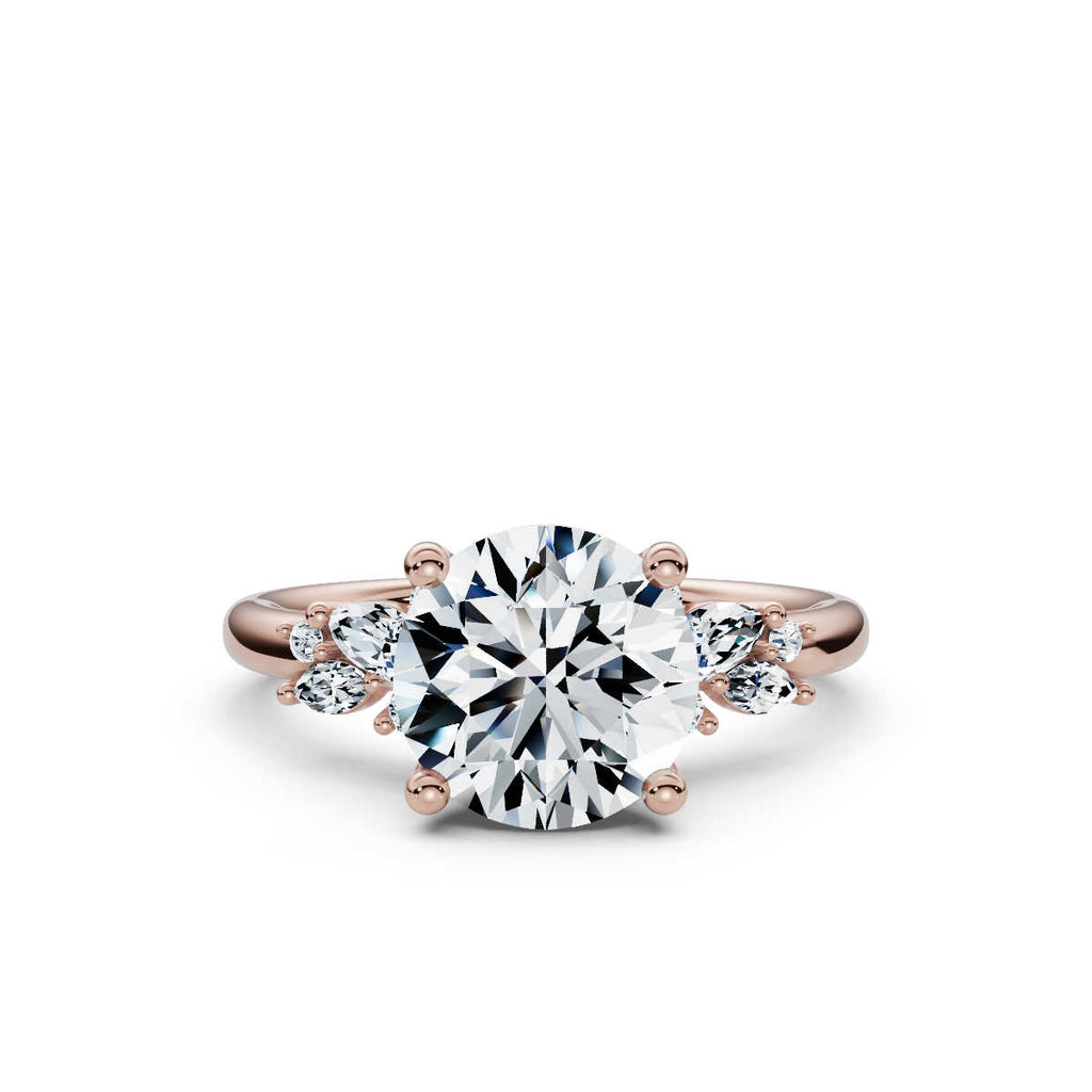18K Solid Gold 2 CT Round Diamond Ring with Marquise Accent Stones
