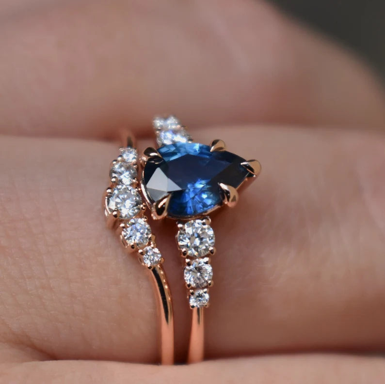 Solid Gold Teal Blue Sapphire Engagement Ring Set