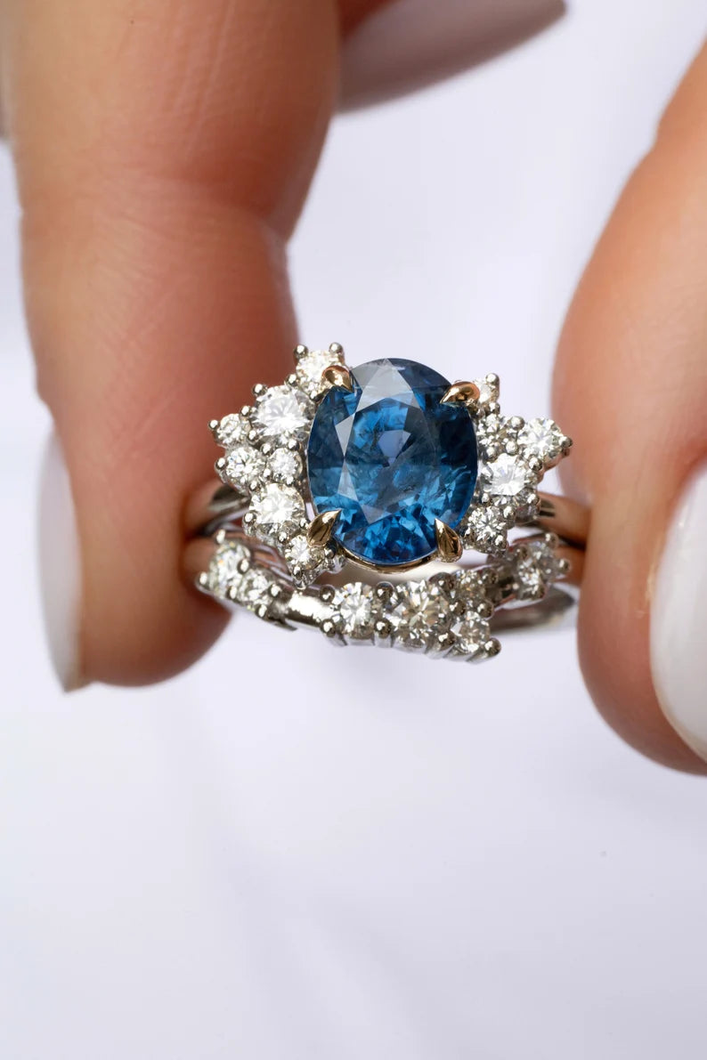 Solid Gold Oval Blue Sapphire Engagement Ring Set